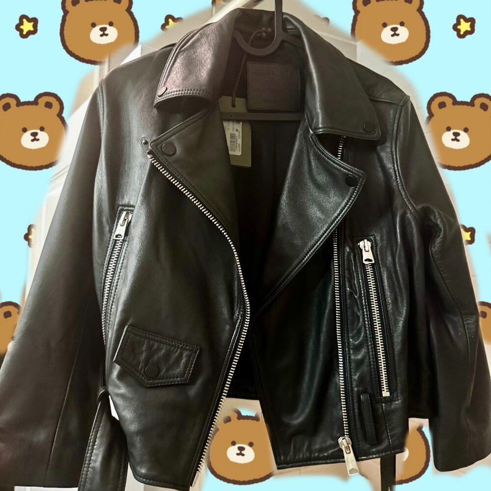 AllSaints Brookes Cropped Leather Biker Jacket Black